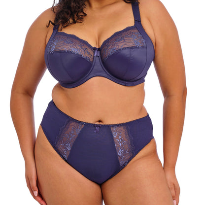 Midnight blue underwear with lace detailing on a white background