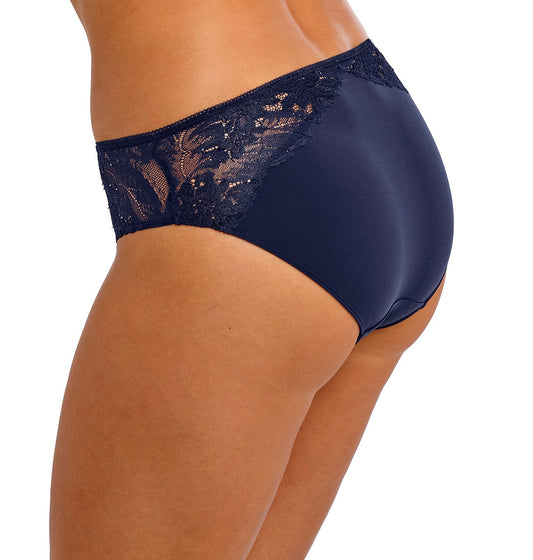 woman wearing a dark blue lace brief with little strass details