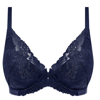 blue lace plunge bra with little strass details