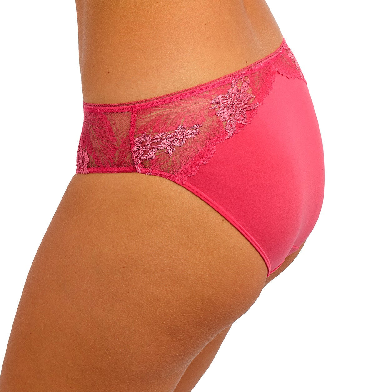 woman wearing a geranium pink brief with embroidered soft pink flowers 