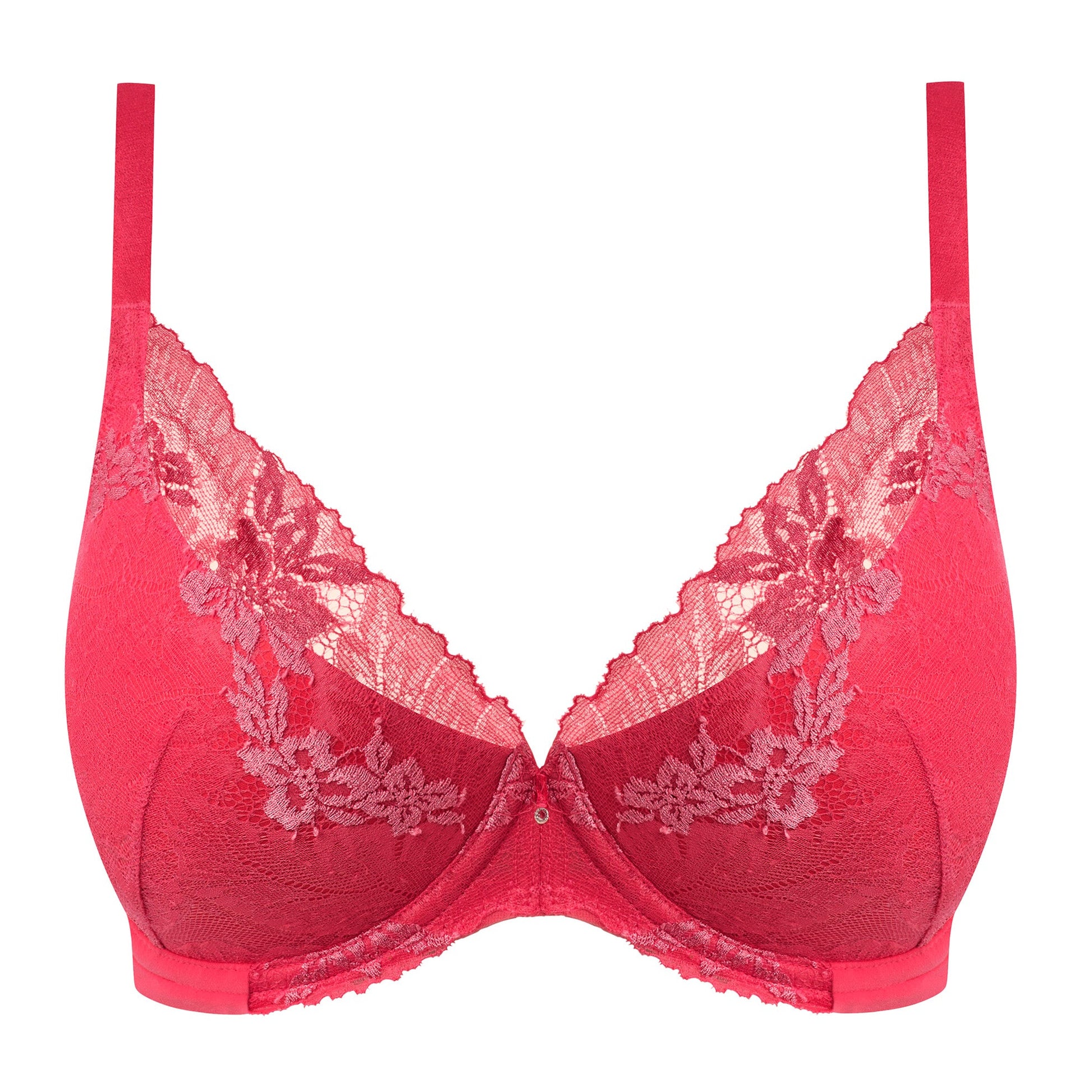 geranium pink push up bra with embroidered soft pink flowers