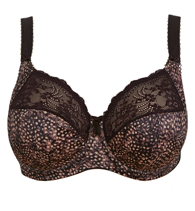big cup bra in ebony brown with subtile leaves print in soft pink and brown stretch lace 