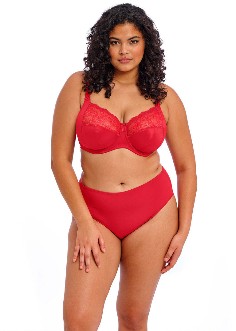 curvy woman wearing a big cup bra in red with stretch lace 