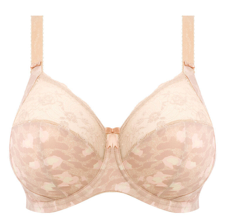 big cup bra in beige with subtile leaves print and stretch lace 