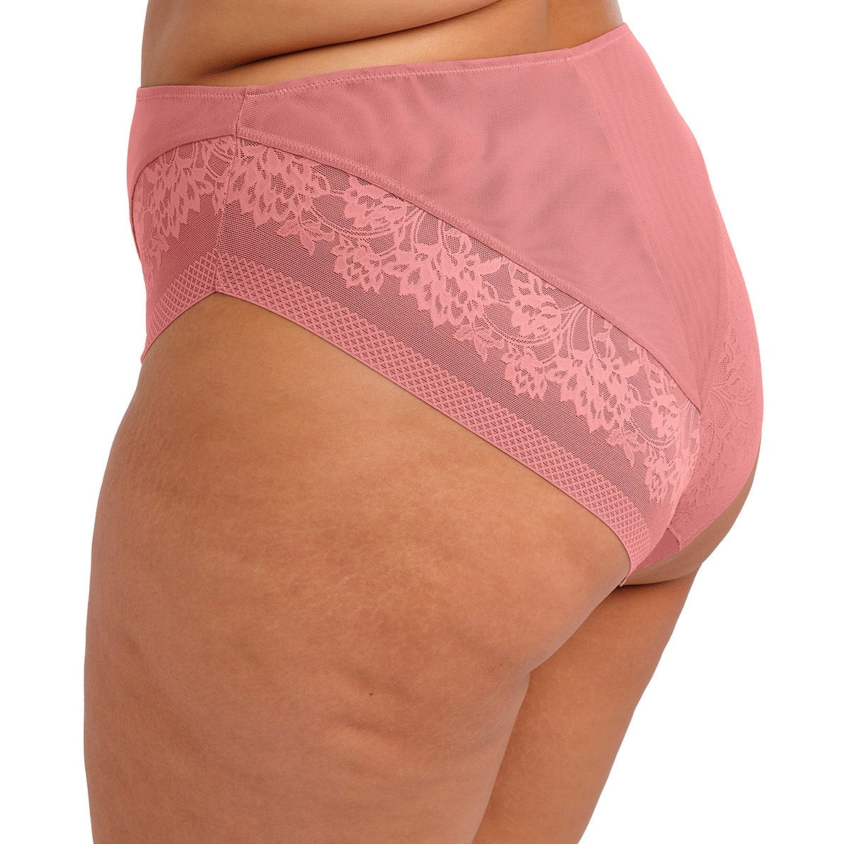 curvy woman wearing a pink plussize high leg high waist brief