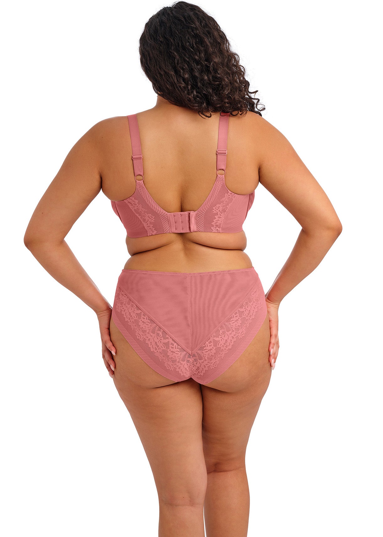 curvy woman wearing a pink big cup moulded spacer bra with matching brief