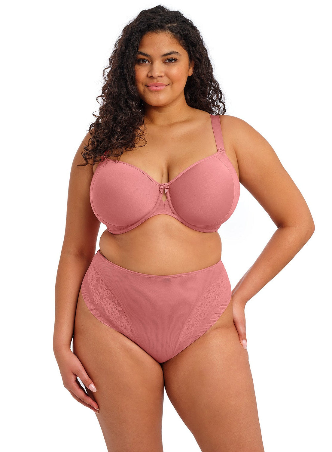curvy woman wearing a pink big cup moulded spacer bra