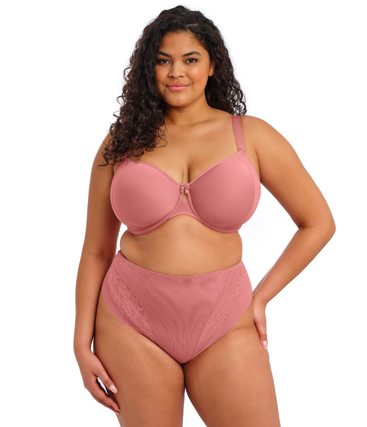curvy woman wearing a pink plussize high leg high waist brief