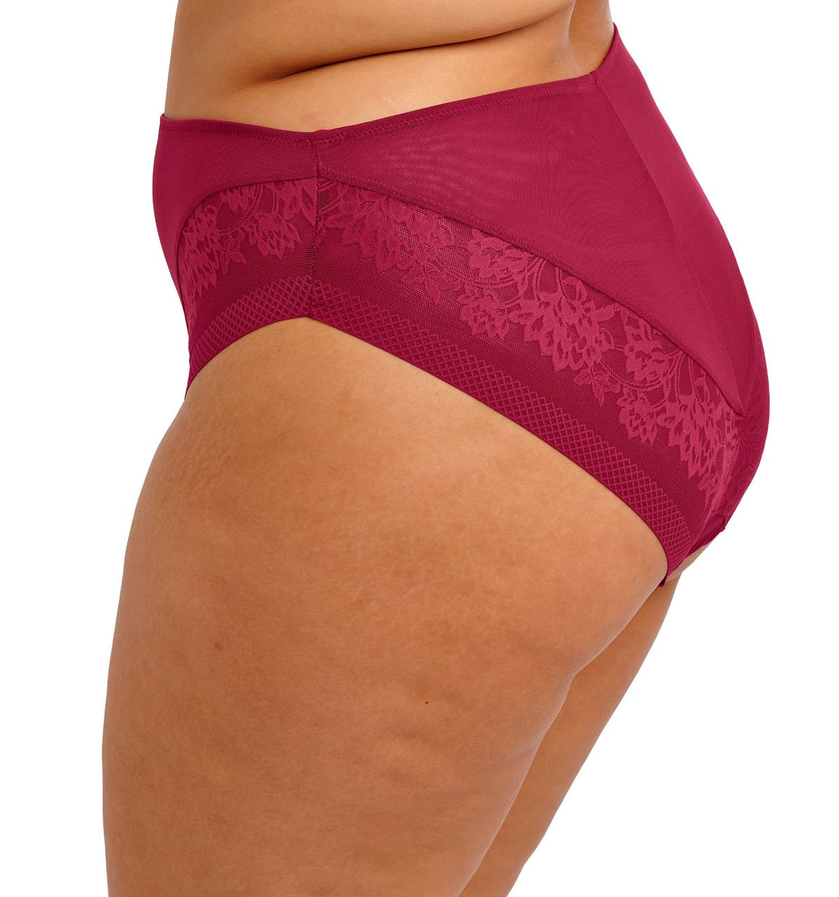 curvy woman wearing a red plussize high leg high waist brief