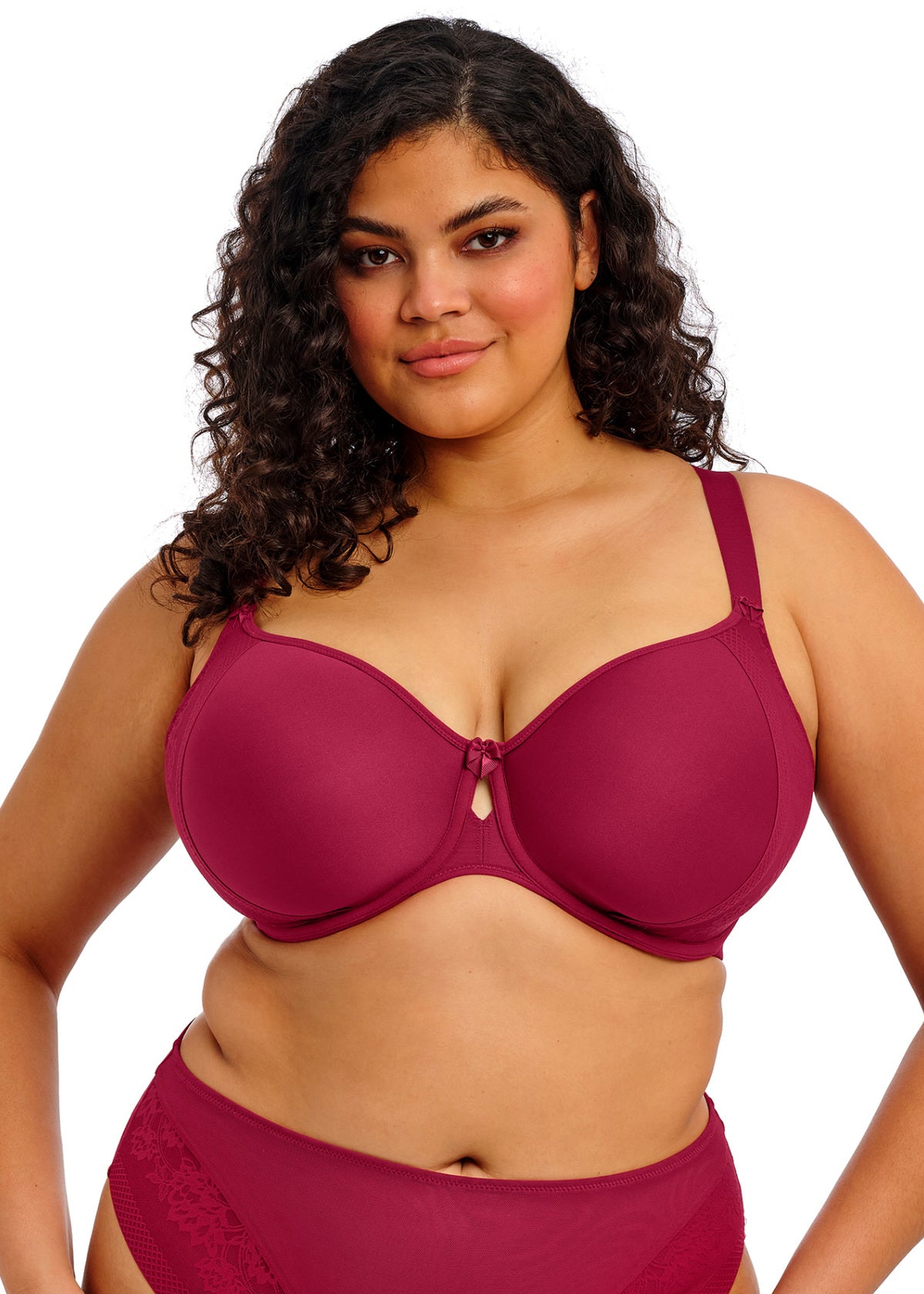 curvy woman wearing a wine red big cup moulded spacer bra
