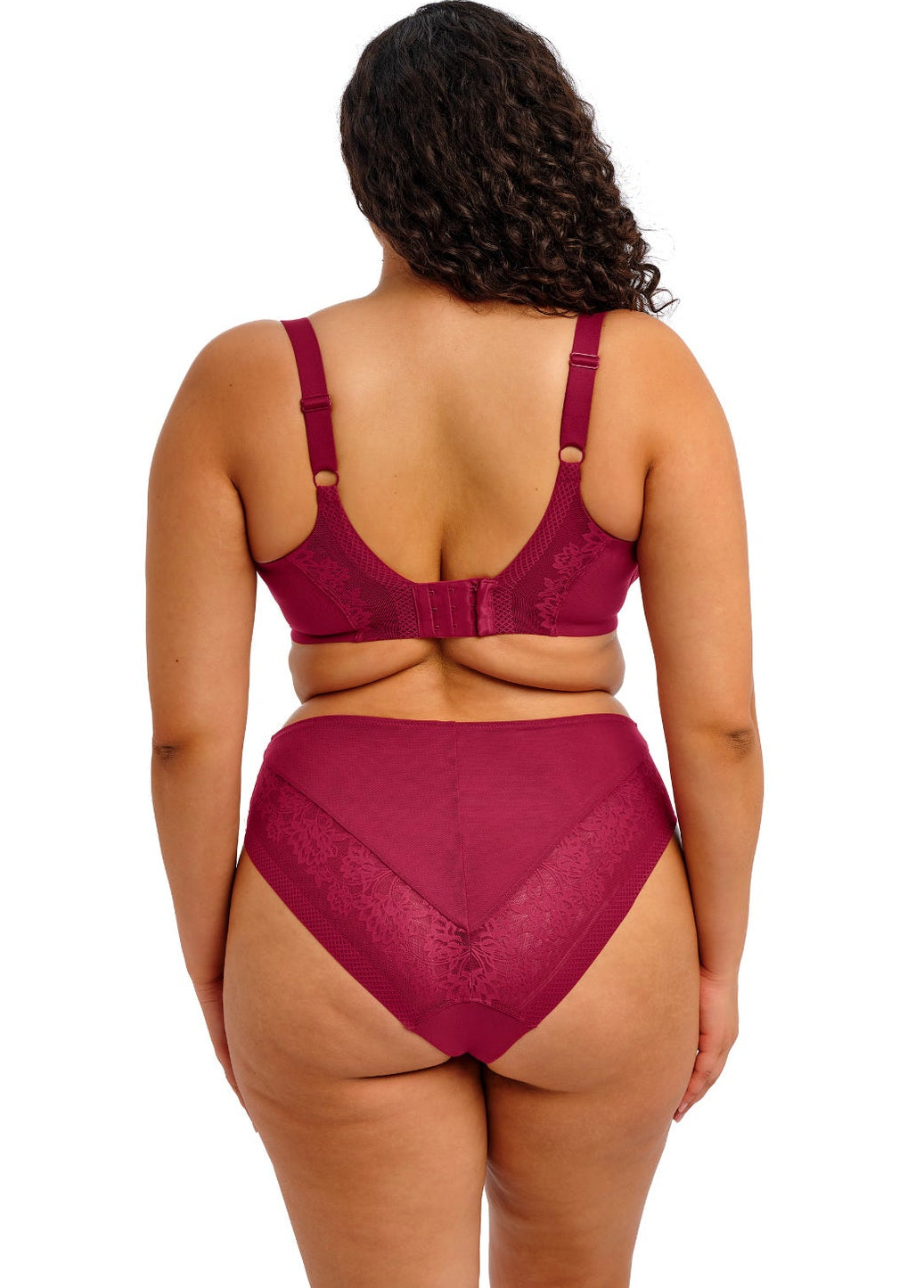 curvy woman wearing a wine red big cup moulded spacer bra with matching brief