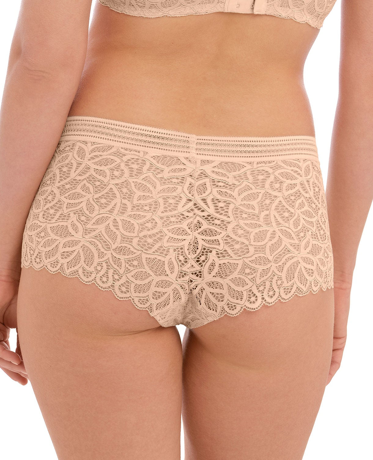 woman wearing lace lingerie shorts in nude color