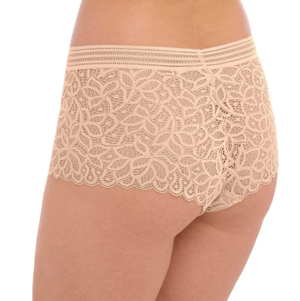 woman wearing lace lingerie shorts in nude color