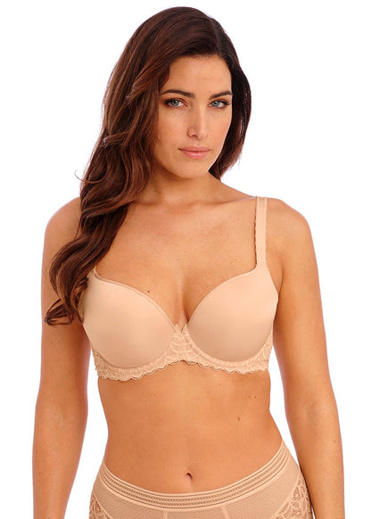 woman wearing a Nude color t-shirt bra