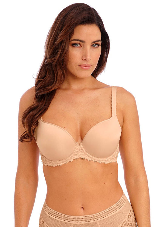 woman wearing a Nude color t-shirt bra