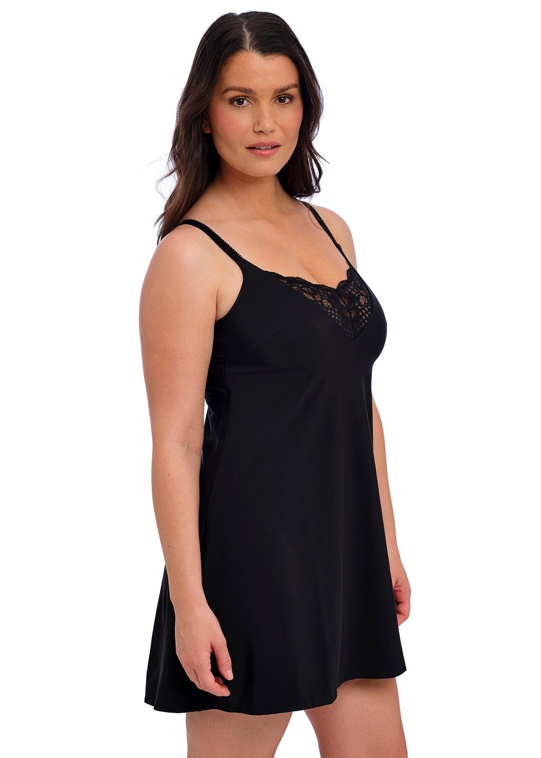 woman wearing black camisole nightwear with lace