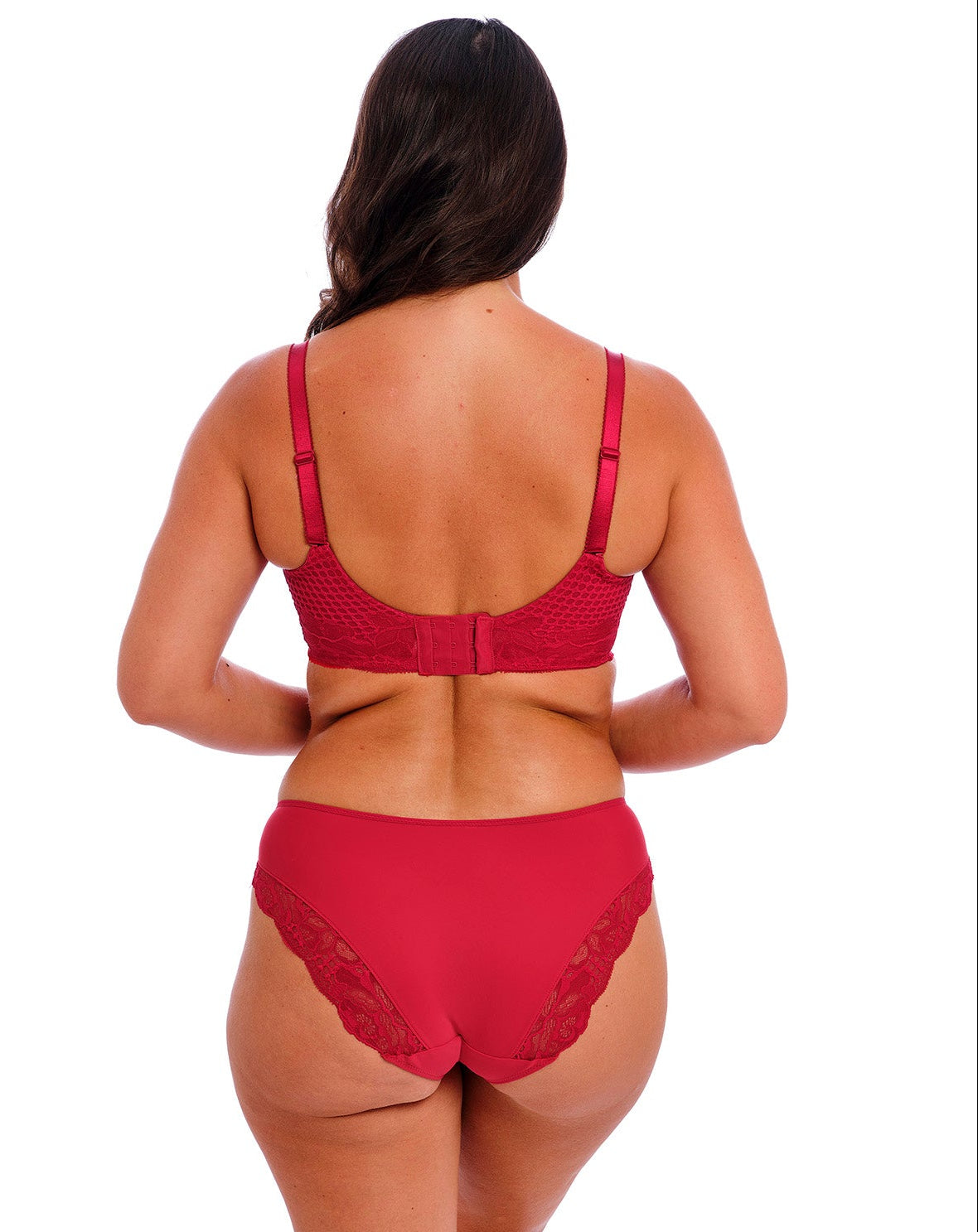 woman wearing a big cup bra with lace details in red