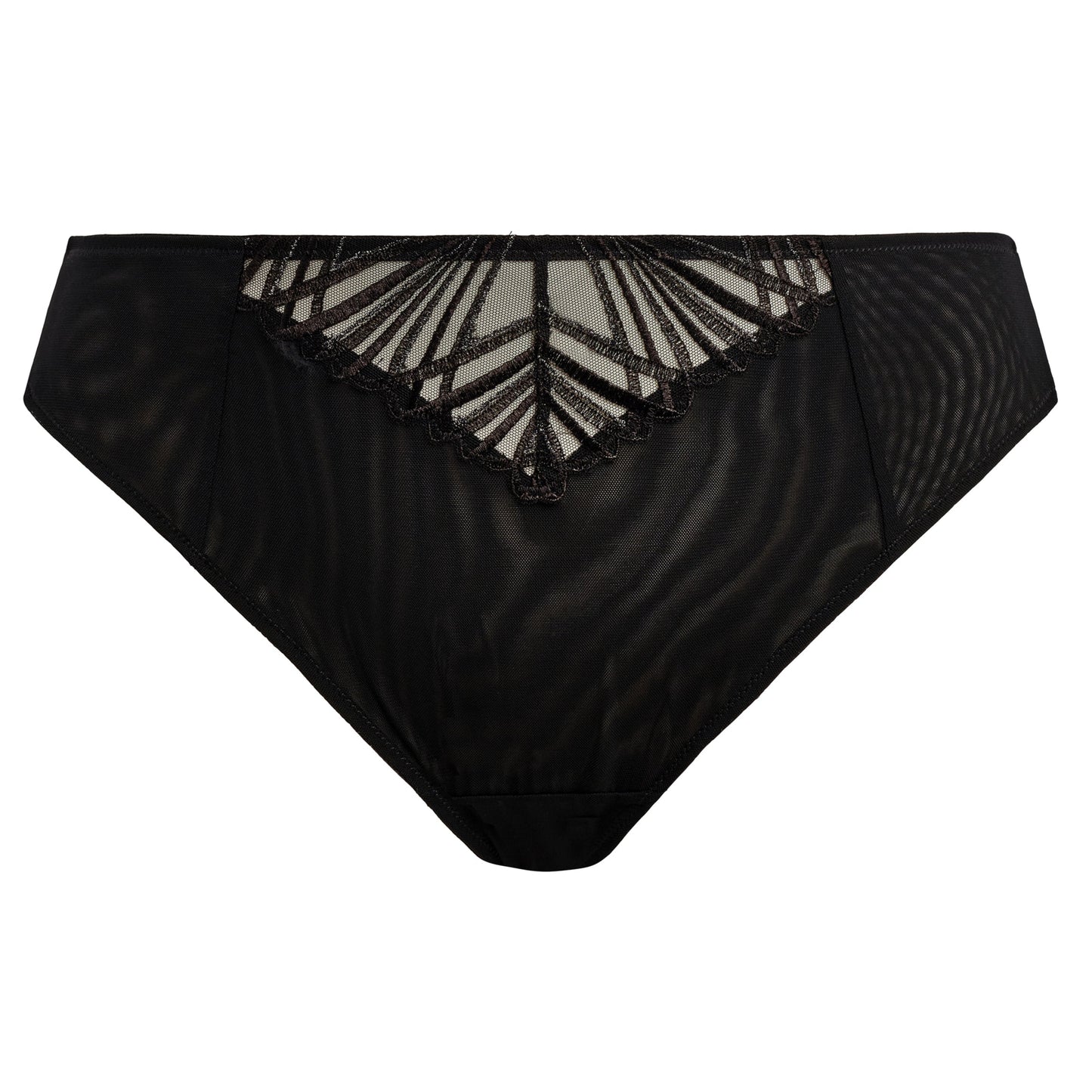 Black lingerie bottom with lace detailing on a white background