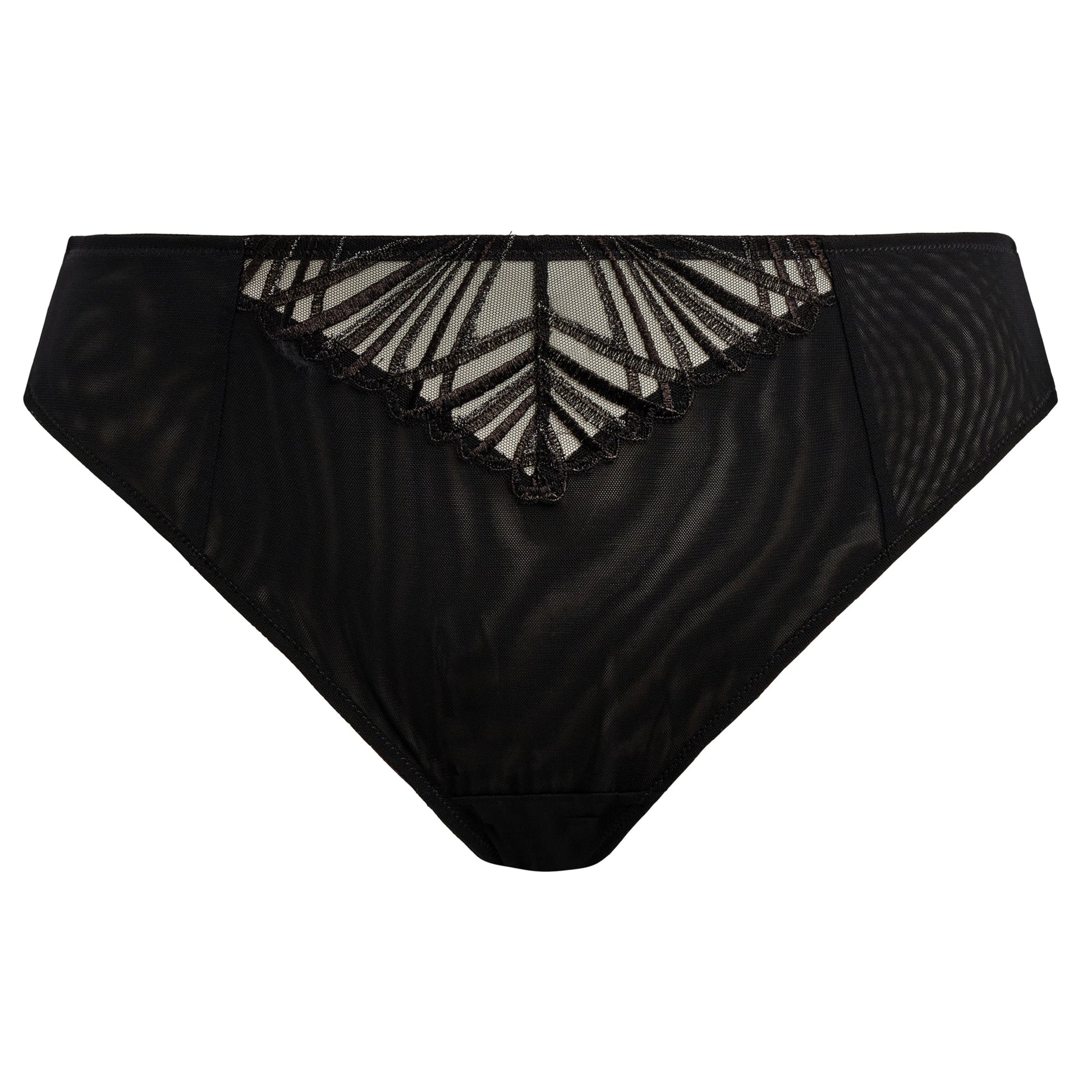 Black lingerie bottom with lace detailing on a white background