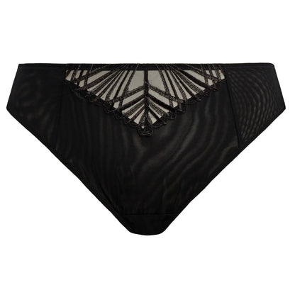 Black lingerie bottom with lace detailing on a white background