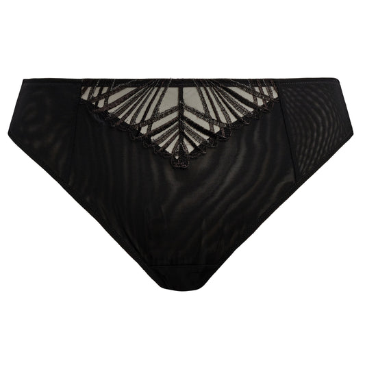 Black lingerie bottom with lace detailing on a white background