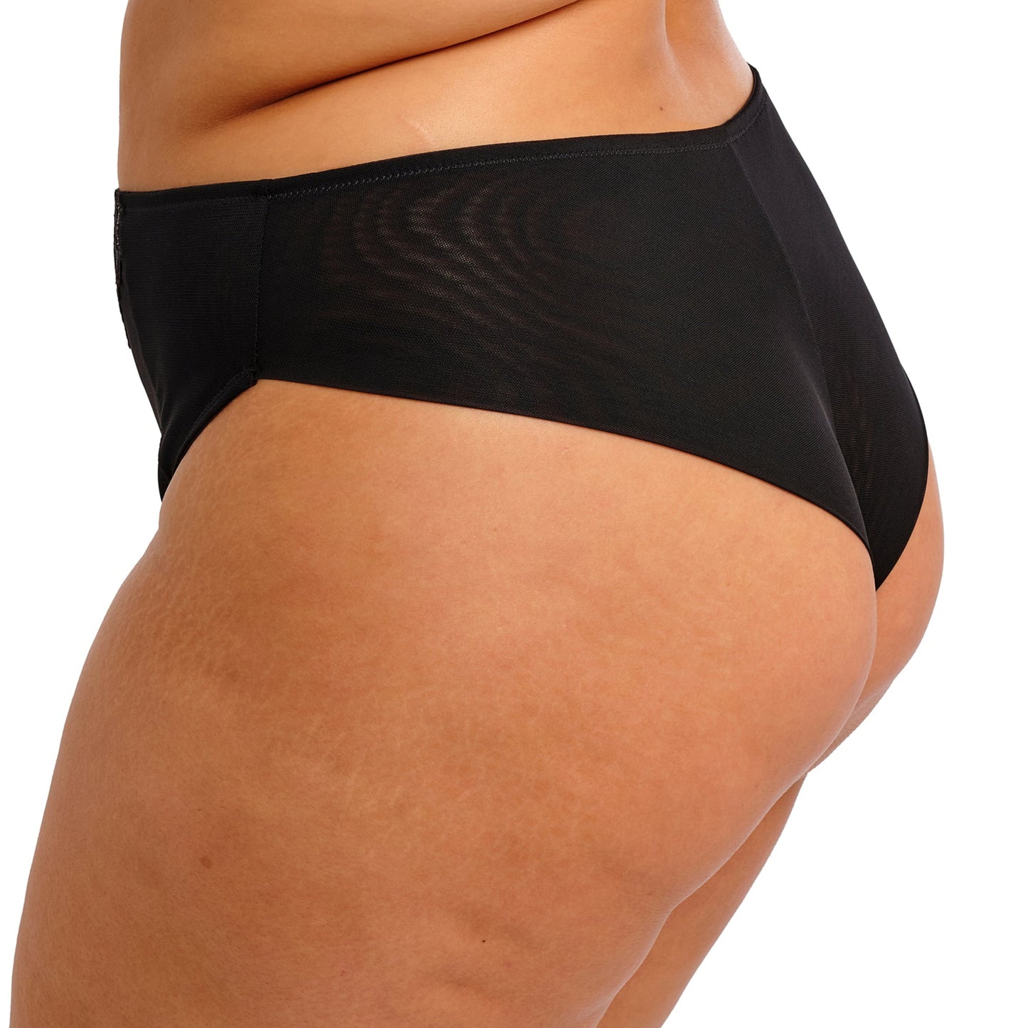 Black lingerie bottom with lace detailing on a white background