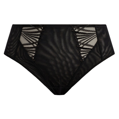 Black lingerie bottom with geometric lace pattern on a white background