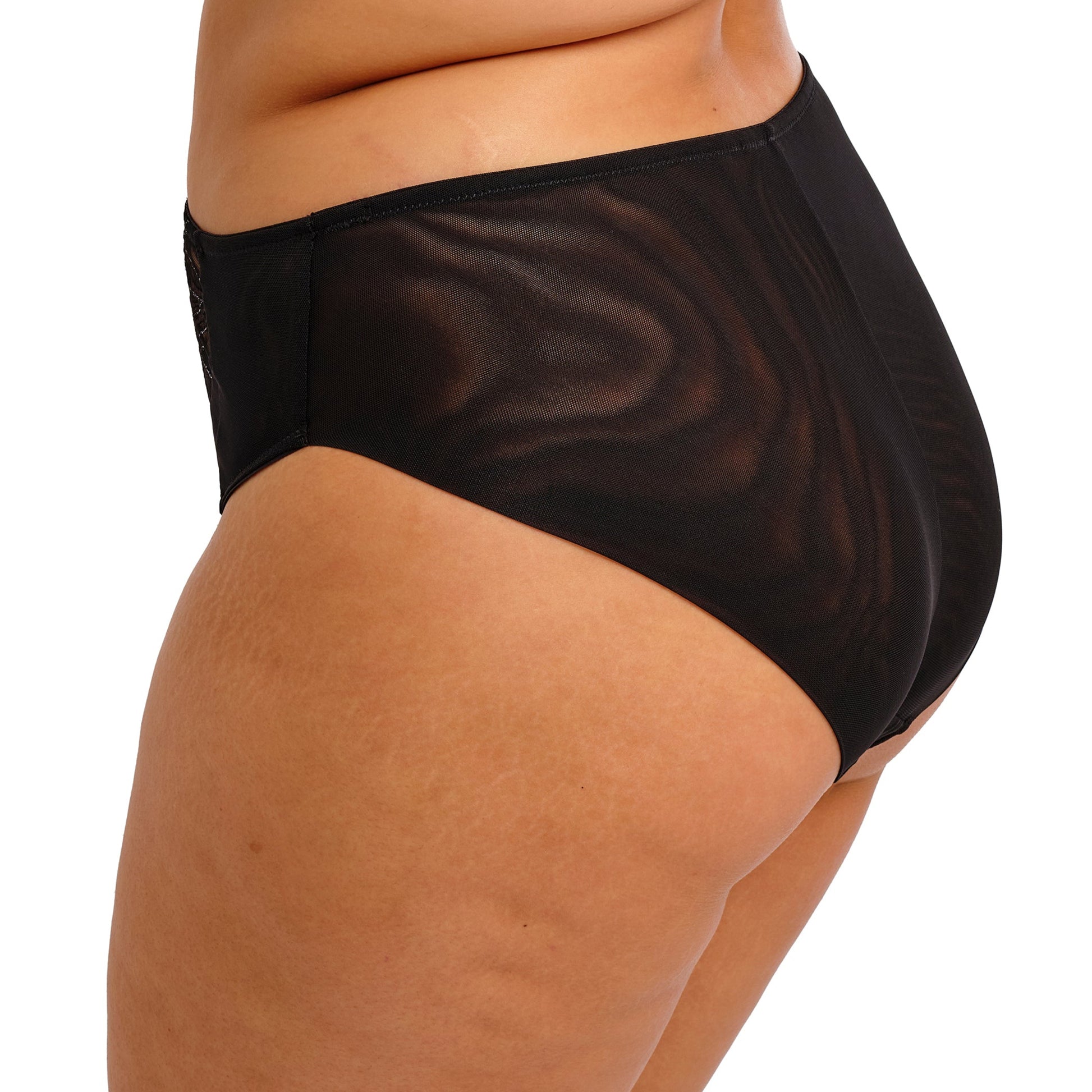 Black lingerie bottom with geometric lace pattern on a white background