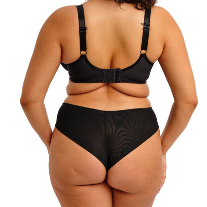Black lingerie bottom with lace detailing on a white background