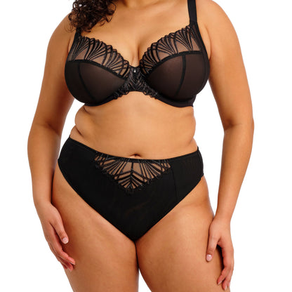 Black lingerie bottom with lace detailing on a white background