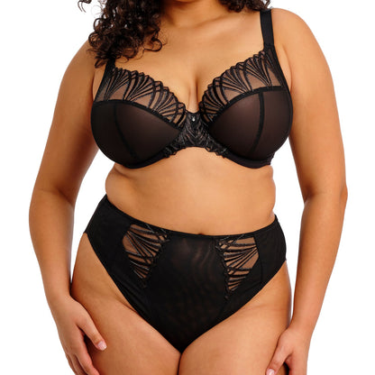 Black lingerie bottom with geometric lace pattern on a white background