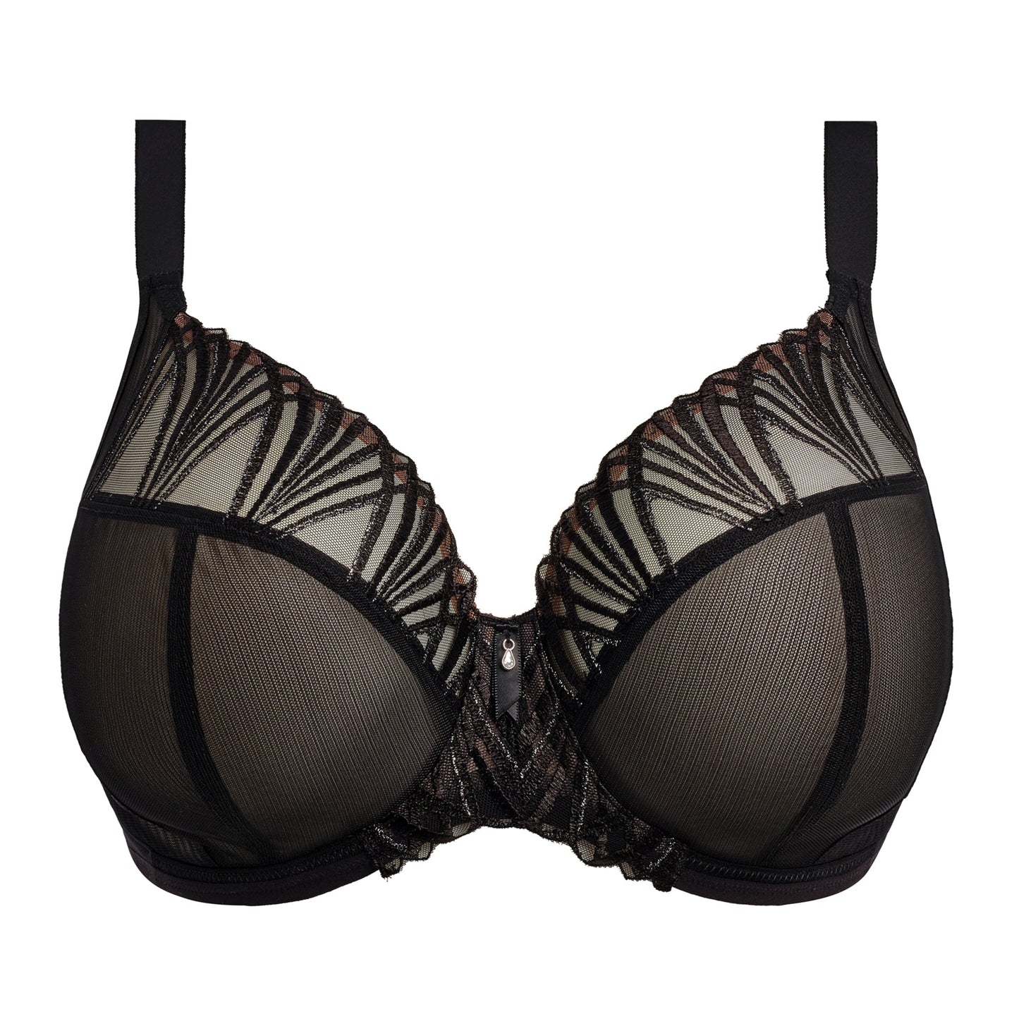 Black bra with sheer mesh panels on a white background