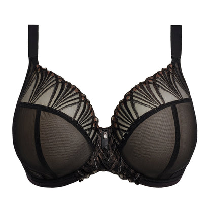 Black bra with sheer mesh panels on a white background