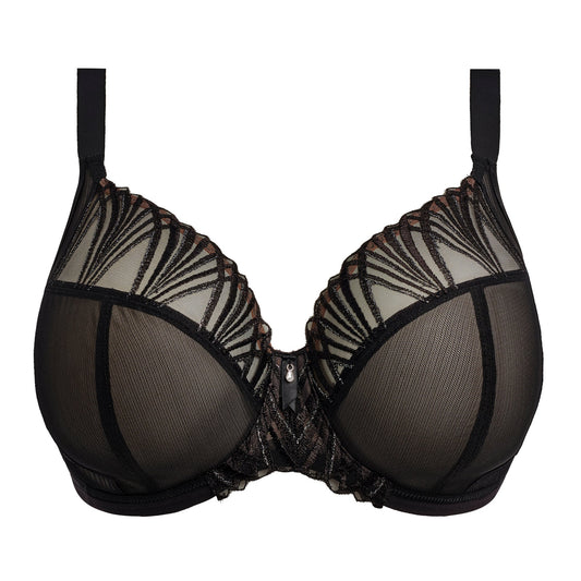 Black bra with sheer mesh panels on a white background