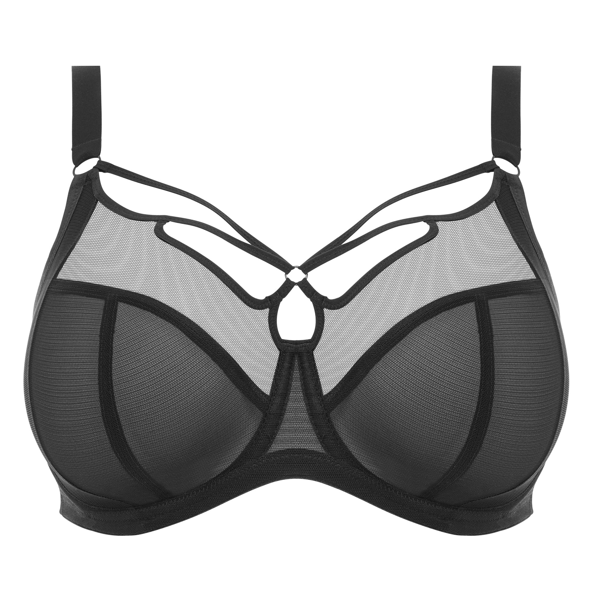 Black big cup mesh bra with decorative straps