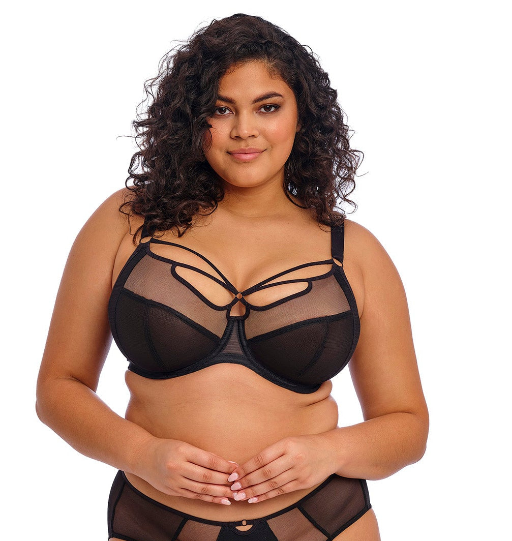 curvy woman wearing a Black big cup mesh bra with decorative straps