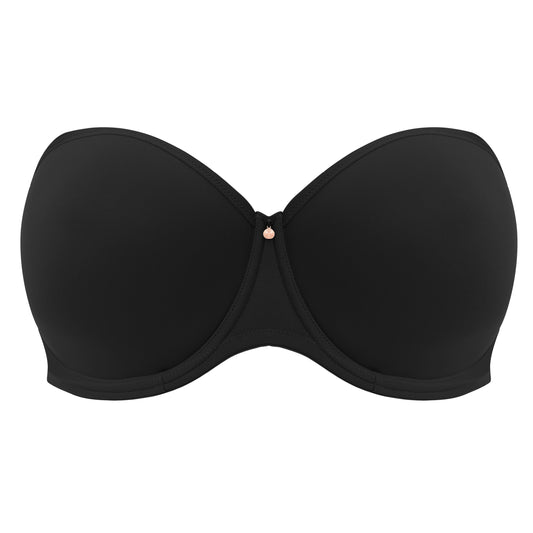 Black strapless bra on a white background
