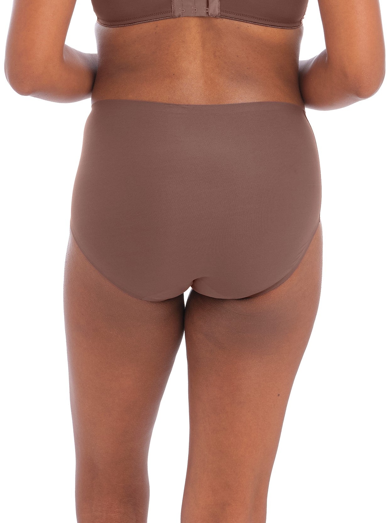 woman wearing an invisible high waist stretch brief in coffee roast color