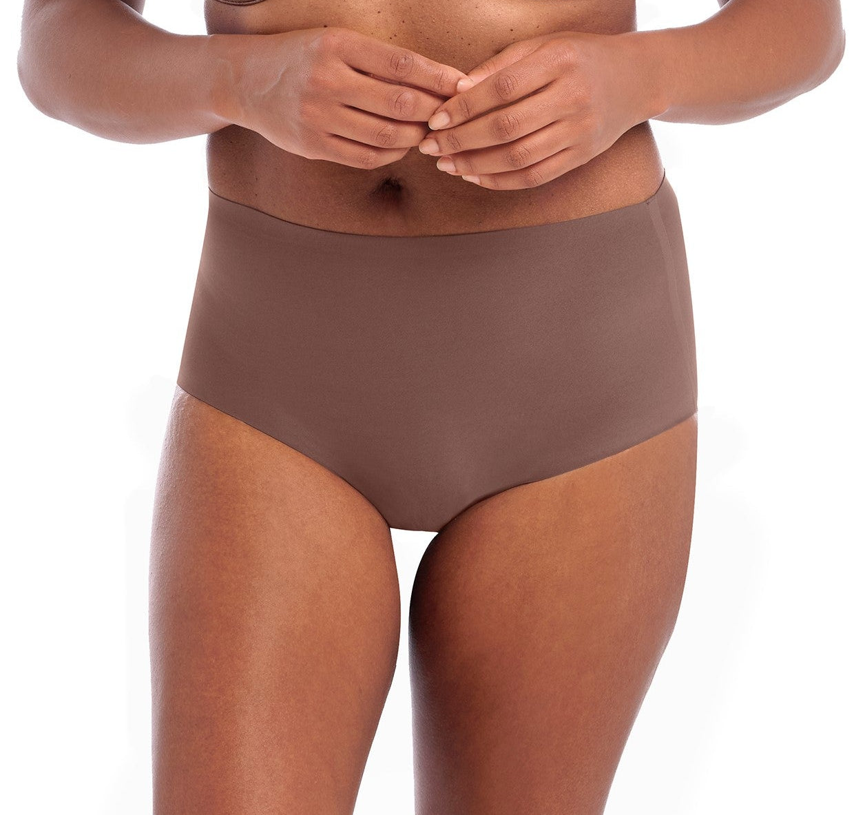 woman wearing an invisible high waist stretch brief in coffee roast color