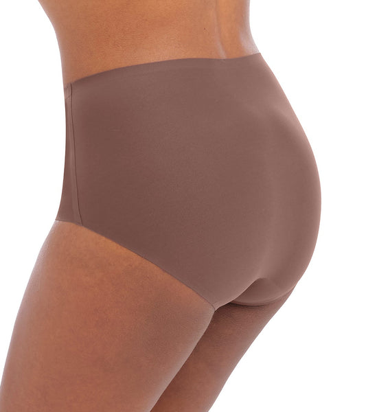 woman wearing an invisible high waist stretch brief in coffee roast color
