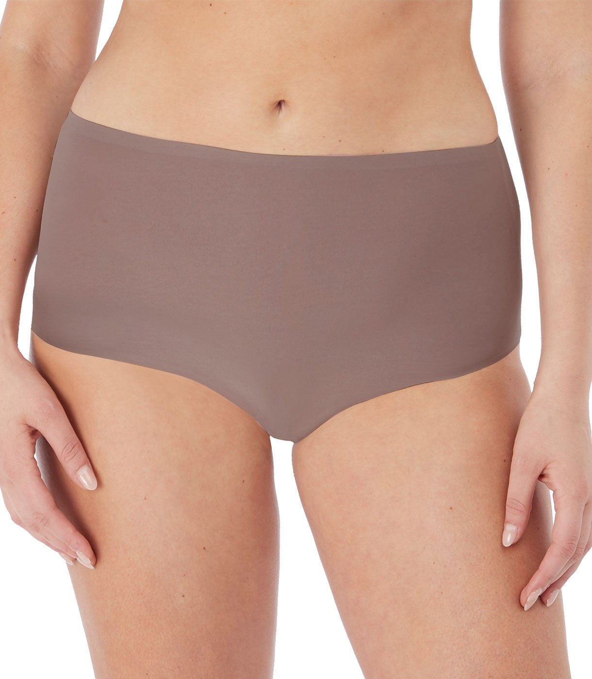 woman wearing an Invisible high waist stretch brief in taupe color