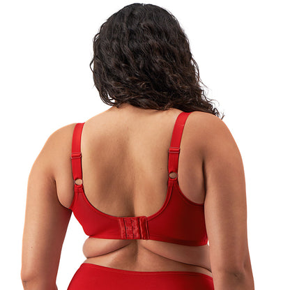 curvy woman wearing a Red bra on a white background