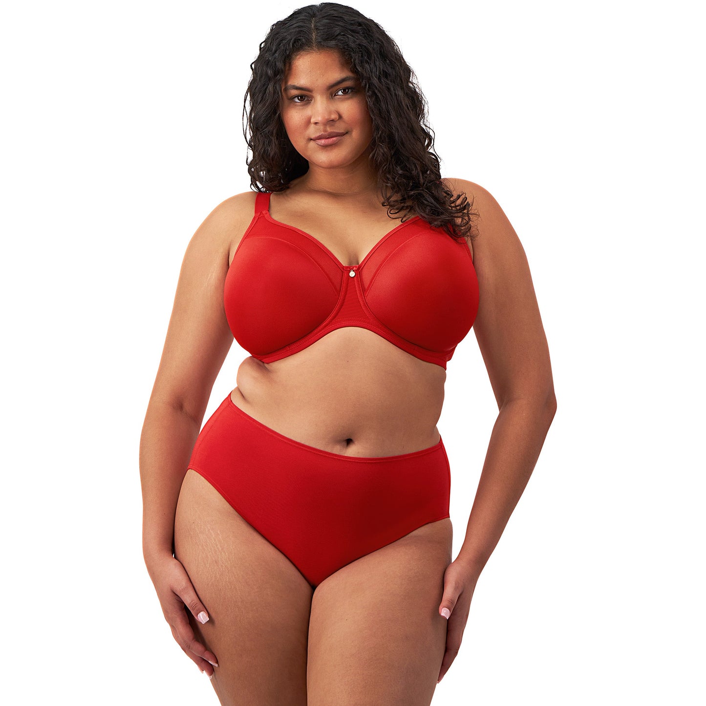 curvy woman wearing a Red bra on a white background