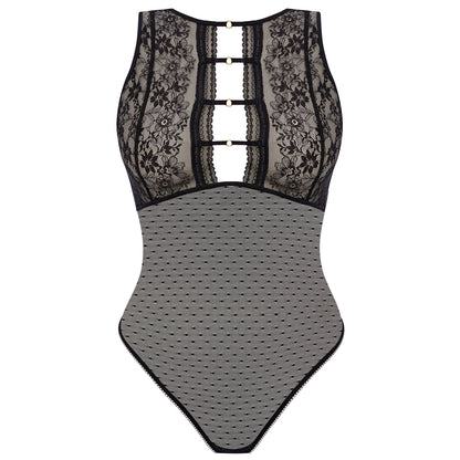 black bodysuit with mesh and lace