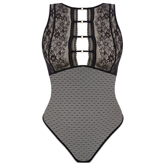 black bodysuit with mesh and lace