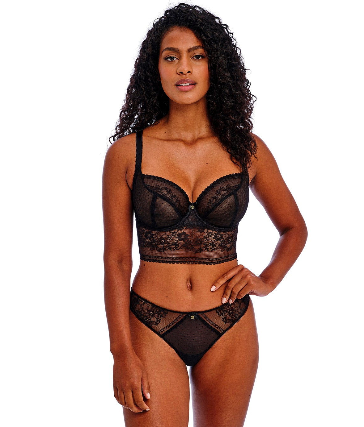woman wearing a black lace longline big cup bustier bra ad atching brief
