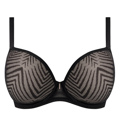 big cup moulded plunge bra in black with abstract stripe pattern