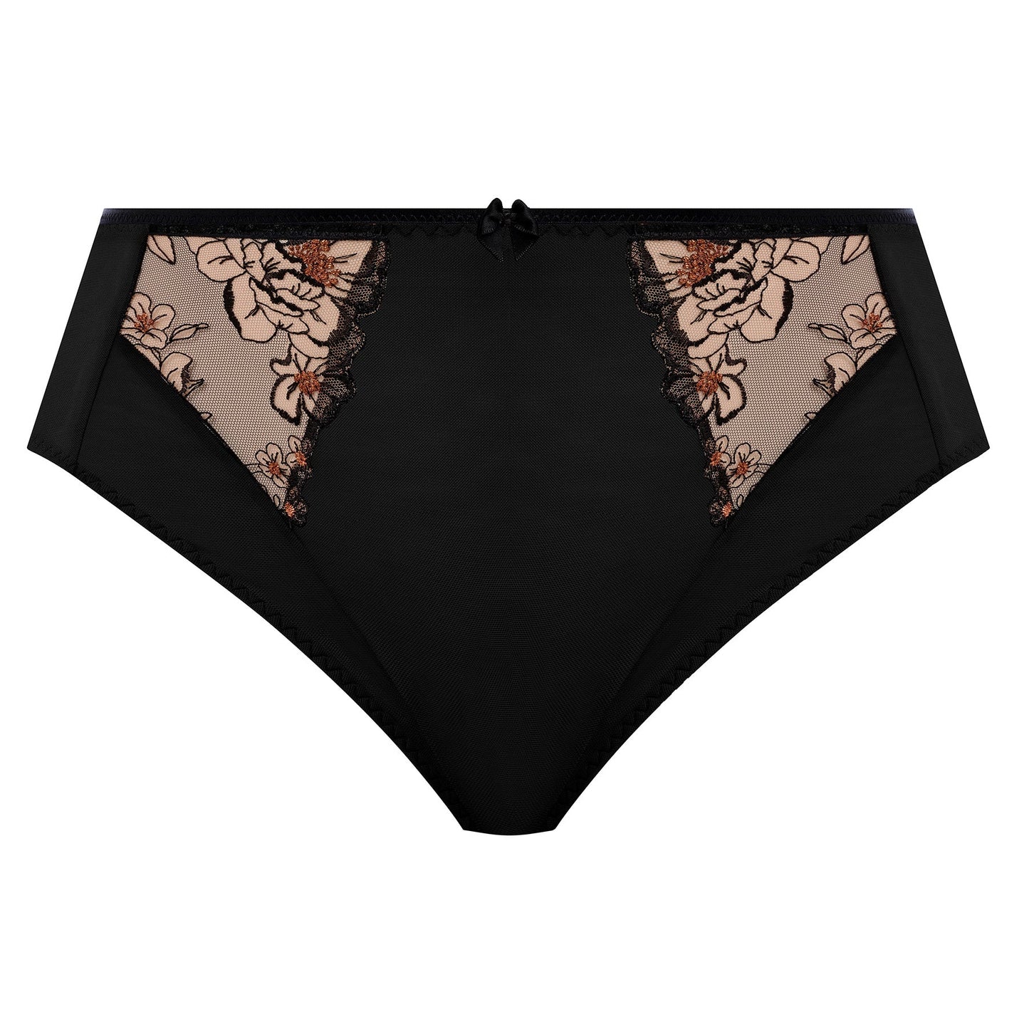 plussize highwaist  highleg brief in black mesh with flower details in almond