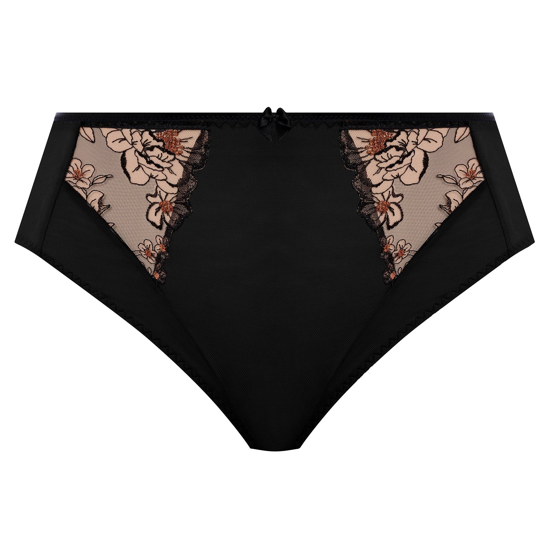 plussize highwaist  highleg brief in black mesh with flower details in almond