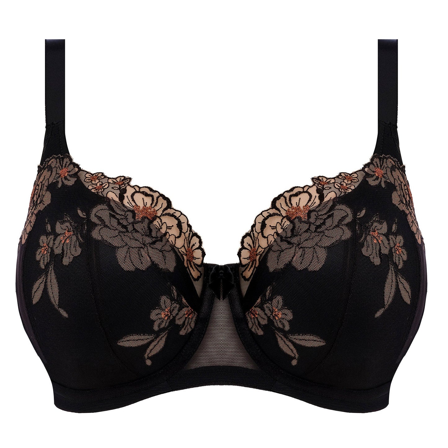 black big cup padded bra with lace and embroidered flowers in almond colour